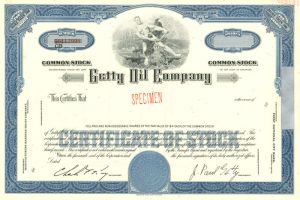 Getty Oil Co. - The Man behind the Movie "All the Money in the World" - Specimen Stock Certificate
